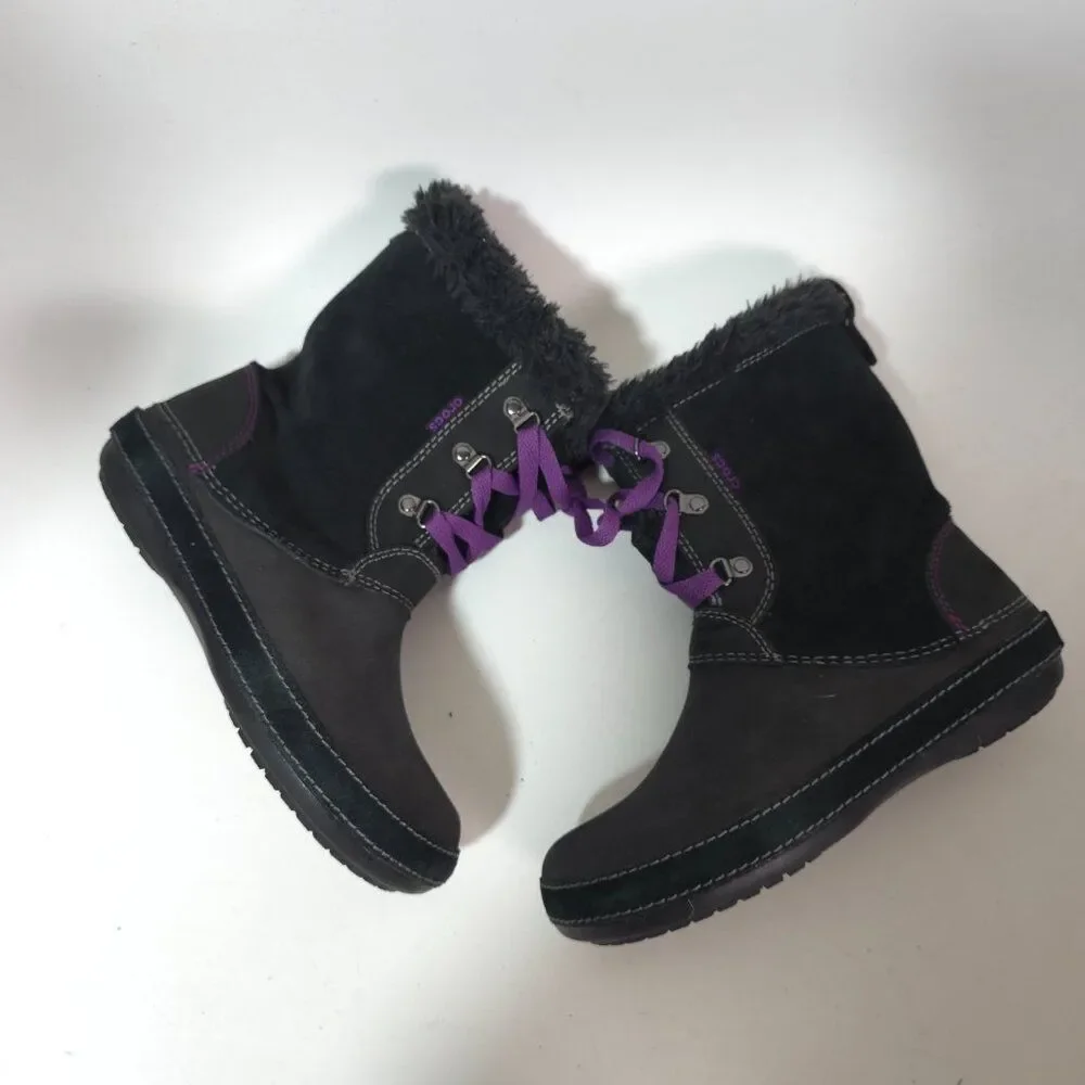 Crocs Women’s AllCast Luxe Faux Fur Winter Boots Black Purple Size 7